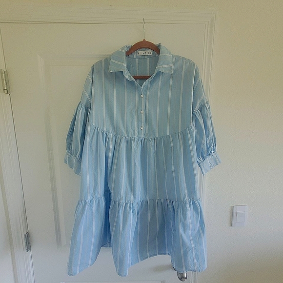 Mango Dresses & Skirts - MANGO Puff Sleeves Mini cotton dress light blue, striped
